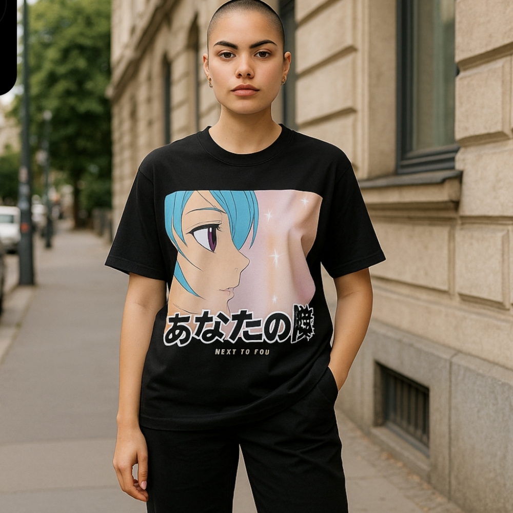 Hills & Valleys Black Short Sleeve w/Anime Girl Next To You Top